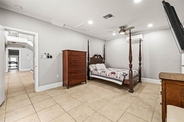 bedroom with crown molding, light tile patterned floors, and a wall unit AC