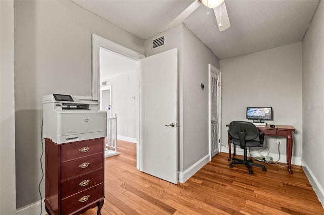 office area with ceiling fan and light hardwood / wood-style floors