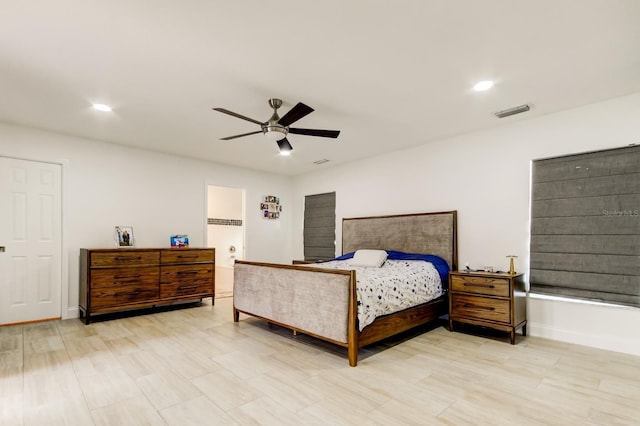 bedroom featuring baseboards, recessed lighting, visible vents, and a ceiling fan