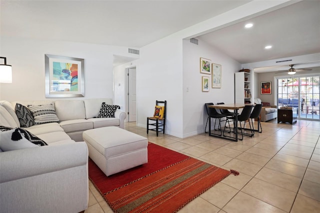 living room with light tile patterned floors and ceiling fan