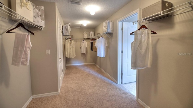 walk in closet with light carpet