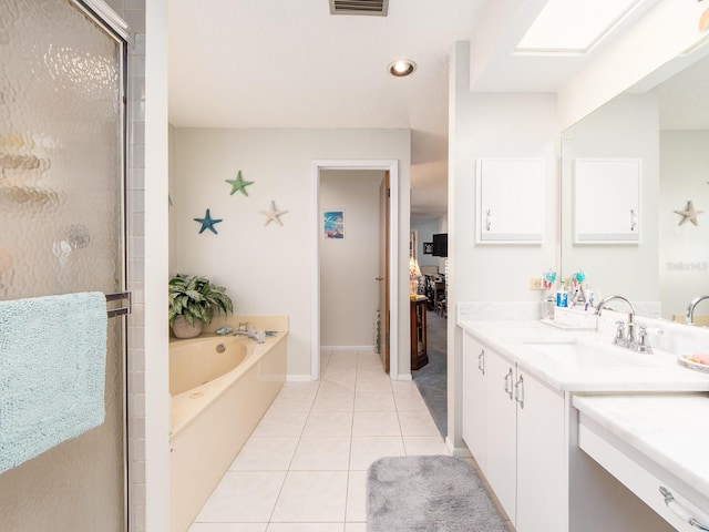 full bath featuring vanity, visible vents, a shower stall, tile patterned floors, and a bath