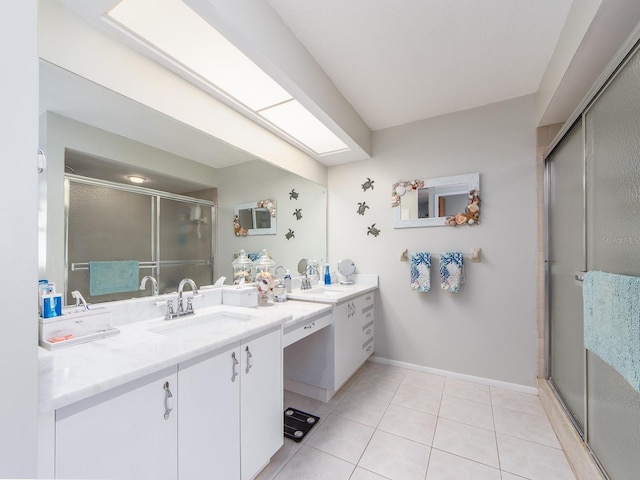 2893 Turtle Ter, Palm Harbor, FL 34683 - full bathroom featuring a shower stall, tile patterned floors, vanity, and baseboards