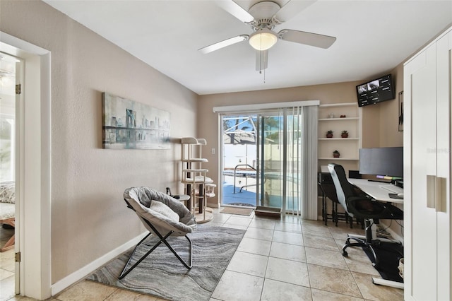 tiled office with ceiling fan