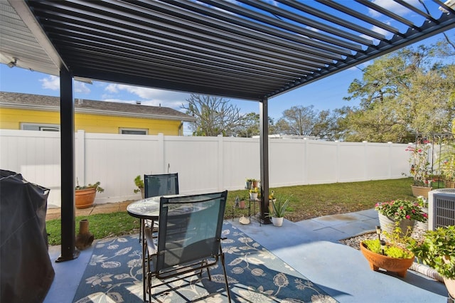 view of patio featuring a grill, a pergola, and central AC