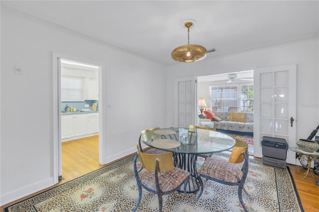 dining room featuring sink and light hardwood / wood-style floors