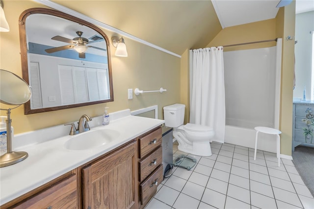 full bathroom with toilet, vanity, shower / bath combination with curtain, ceiling fan, and tile patterned flooring