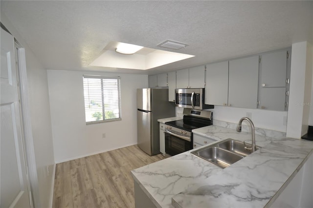 kitchen featuring a textured ceiling, a sink, light wood-style floors, appliances with stainless steel finishes, and light stone countertops