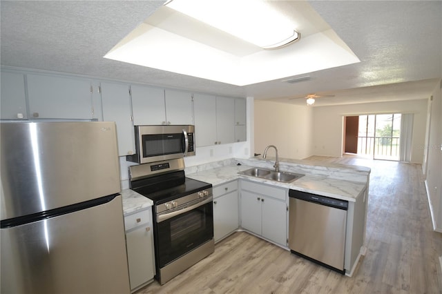 kitchen featuring a peninsula, a sink, visible vents, appliances with stainless steel finishes, and light wood finished floors