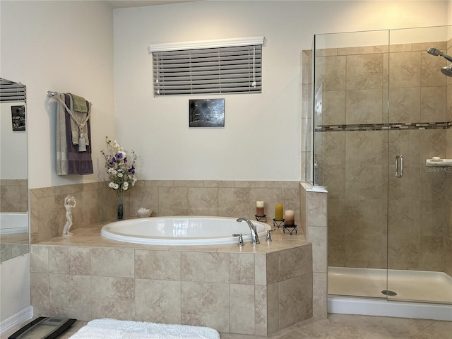 bathroom with tile patterned flooring and plus walk in shower