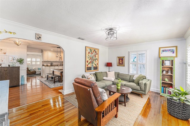 living room with ornamental molding, a textured ceiling, and light hardwood / wood-style floors