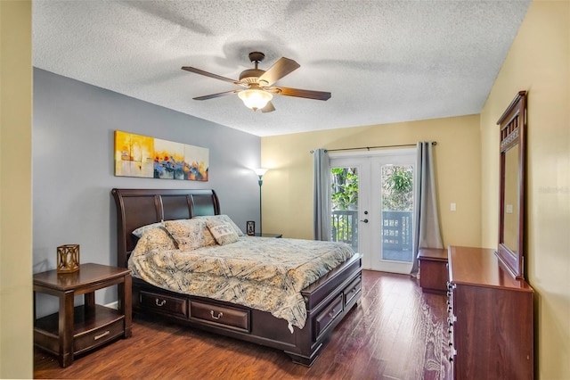 bedroom with french doors, dark wood-type flooring, a textured ceiling, ceiling fan, and access to exterior