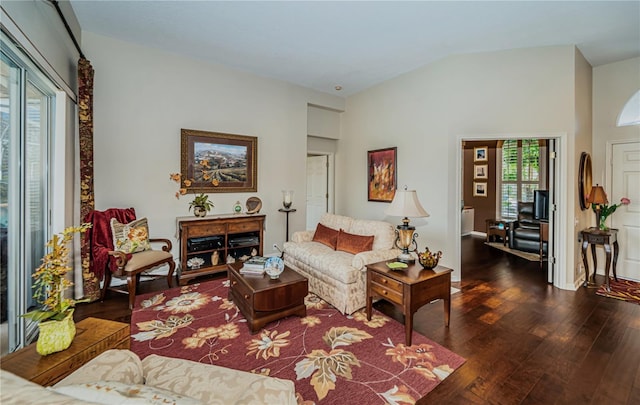 living room featuring vaulted ceiling and dark hardwood / wood-style floors