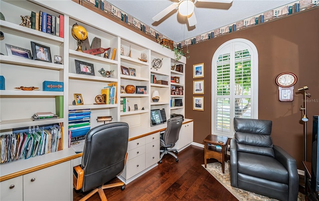 9101 Highland Ridge Way, Tampa, FL 33647 - office featuring dark wood-style flooring, ceiling fan, built in study area, and a wealth of natural light
