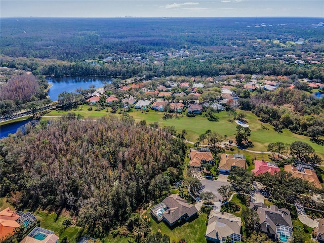 9101 Highland Ridge Way, Tampa, FL 33647 - birds eye view of property with a water view, a residential view, and a view of trees