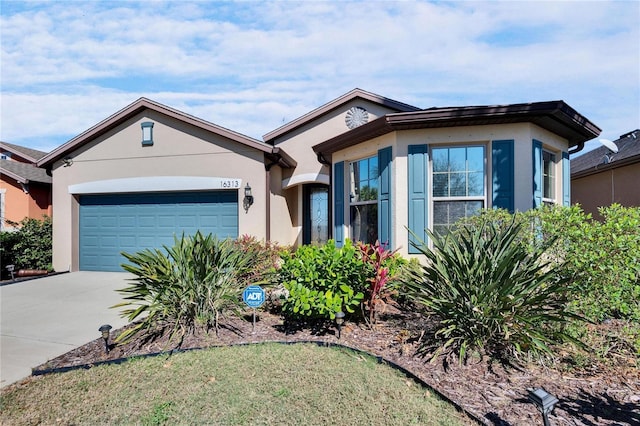 ranch-style house featuring driveway, an attached garage, and stucco siding