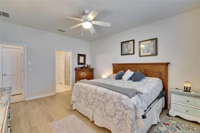 bedroom with light wood finished floors, a ceiling fan, visible vents, and baseboards