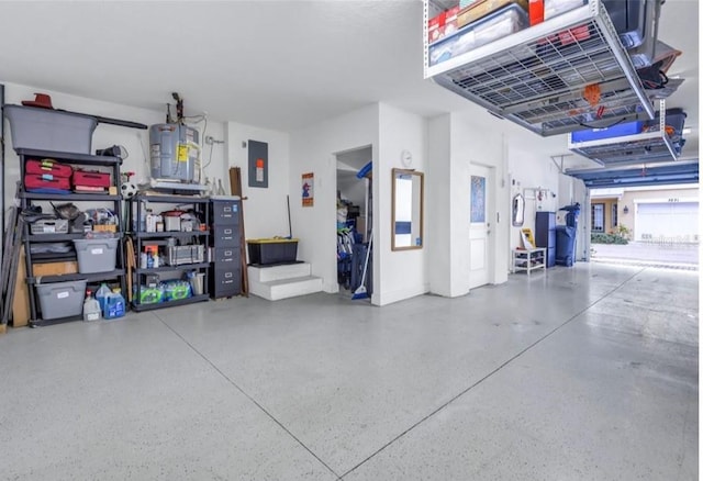 garage with electric panel and water heater