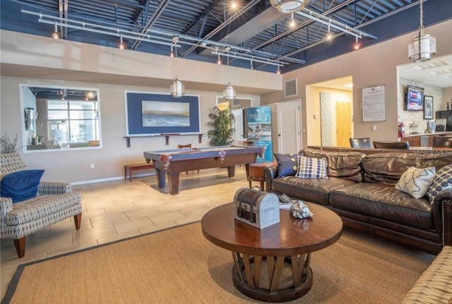 recreation room with visible vents, tile patterned floors, pool table, a high ceiling, and track lighting