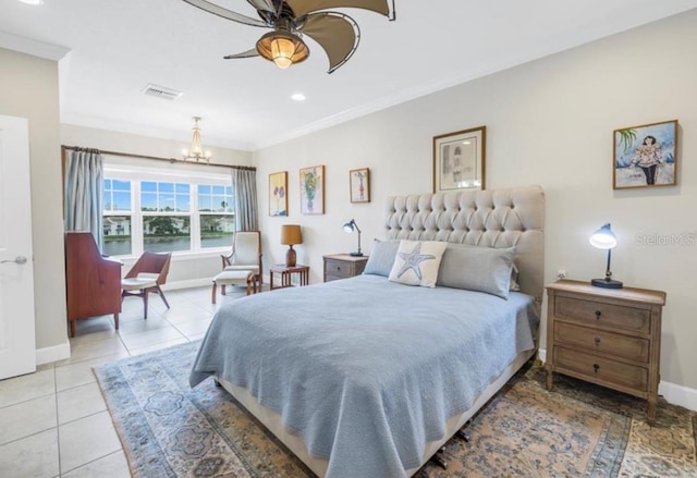 bedroom featuring light tile patterned floors, visible vents, baseboards, ornamental molding, and an inviting chandelier