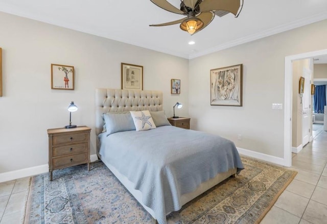 bedroom featuring baseboards, ceiling fan, light tile patterned flooring, crown molding, and recessed lighting