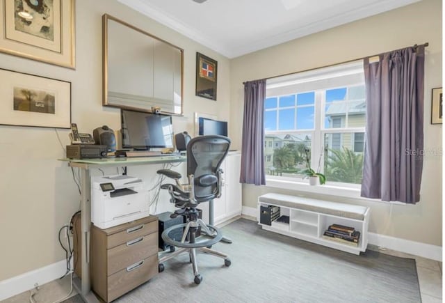 office featuring ornamental molding and baseboards