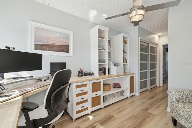 office area featuring light hardwood / wood-style flooring, wooden ceiling, and ceiling fan