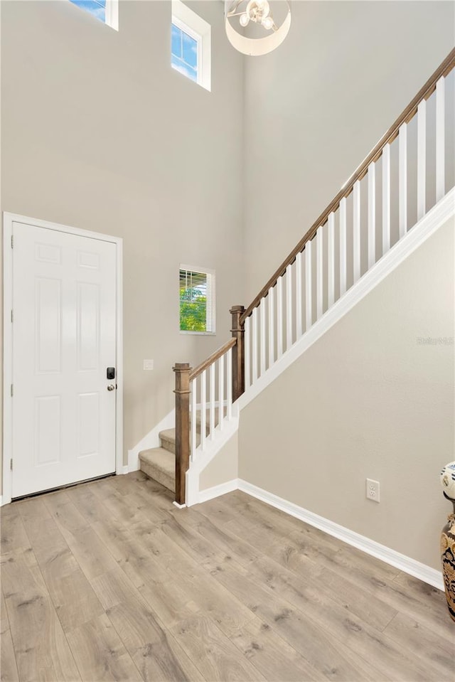 entryway featuring a high ceiling and light wood-type flooring