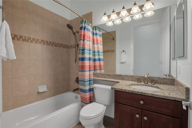 full bathroom featuring vanity, shower / bath combination with curtain, and toilet