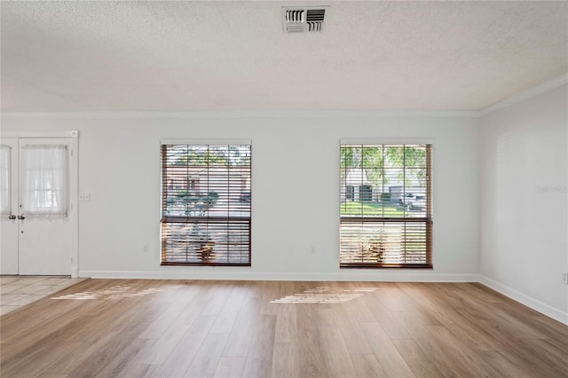 interior space with plenty of natural light, light wood-type flooring, and a textured ceiling