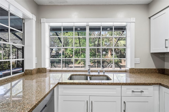 kitchen featuring stone countertops, sink, and white cabinets