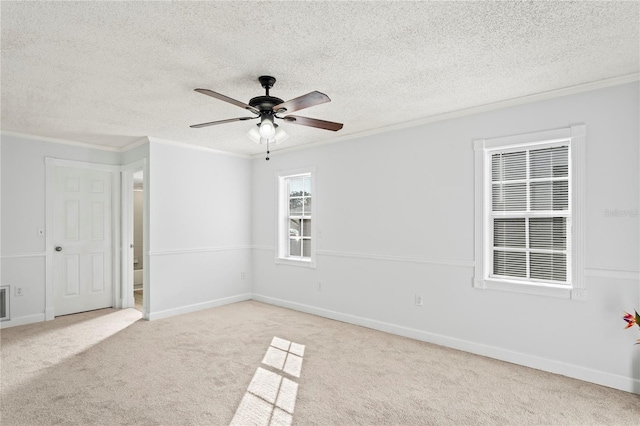 carpeted spare room featuring ornamental molding and a textured ceiling