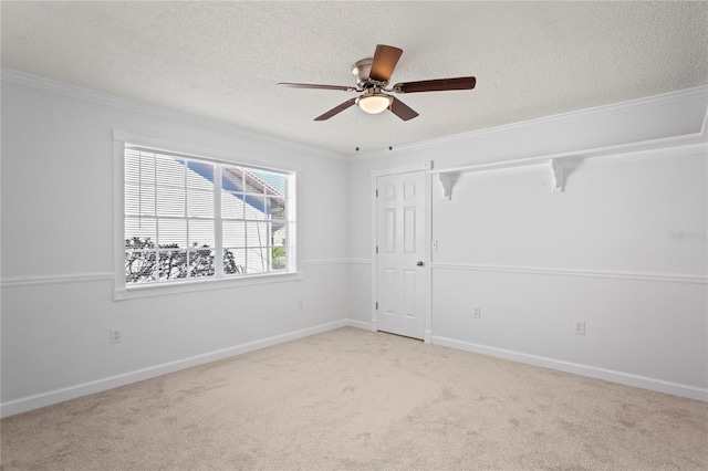 spare room with ornamental molding, light carpet, and a textured ceiling