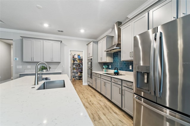 kitchen with wall chimney exhaust hood, appliances with stainless steel finishes, a sink, and gray cabinetry