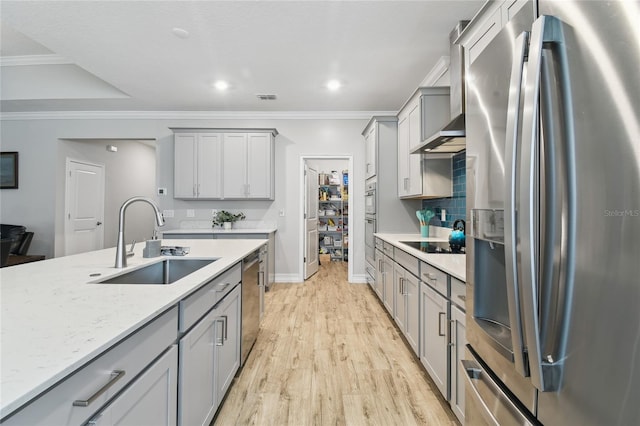 kitchen with stainless steel appliances, ornamental molding, a sink, and gray cabinetry