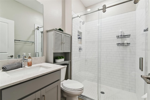 full bathroom with vanity, a shower stall, and toilet