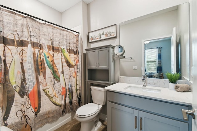 full bathroom featuring toilet, curtained shower, and vanity