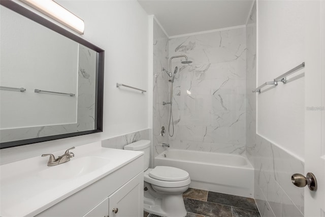 full bathroom with vanity, toilet, and tiled shower / bath combo