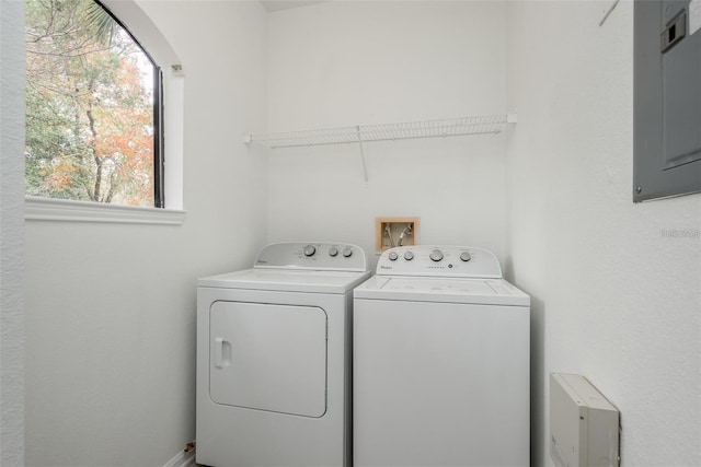 laundry area featuring electric panel and washing machine and dryer