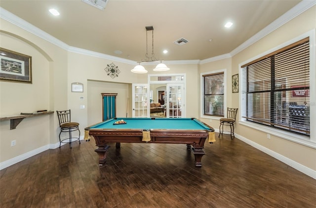 rec room featuring crown molding, pool table, dark hardwood / wood-style flooring, and french doors