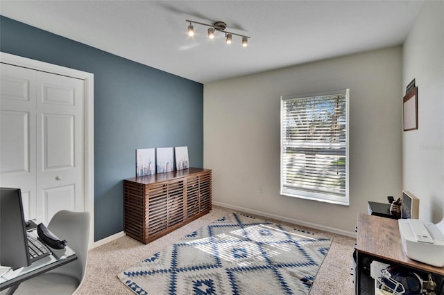 office area featuring light carpet