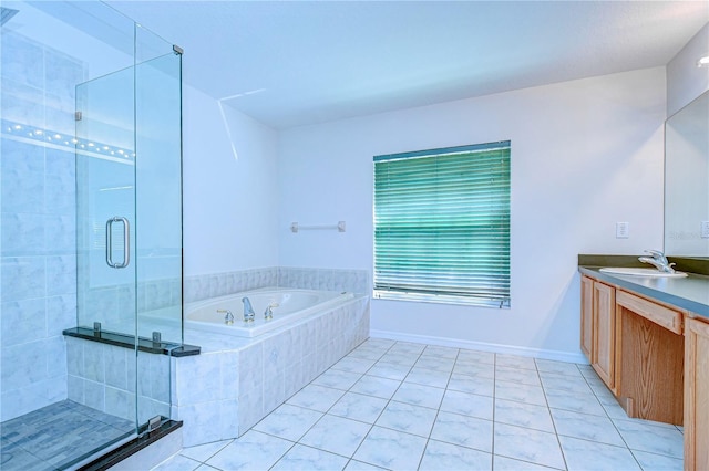 18126 Kara Ct, Tampa, FL 33647 - full bathroom featuring vanity, tile patterned floors, a bath, and a stall shower