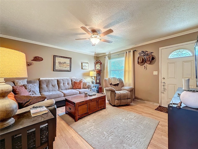 living room featuring a textured ceiling, ornamental molding, ceiling fan, and light wood-type flooring