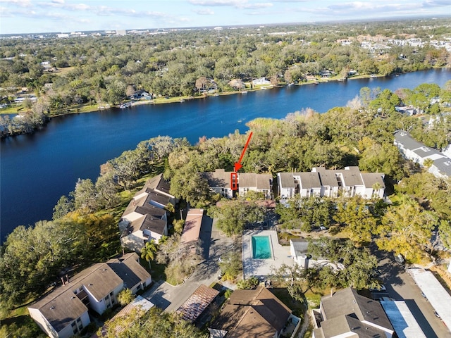 aerial view featuring a water view