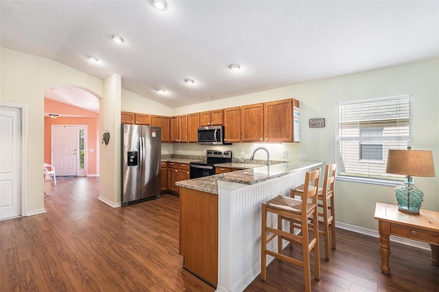 kitchen featuring appliances with stainless steel finishes, dark hardwood / wood-style floors, light stone countertops, vaulted ceiling, and kitchen peninsula