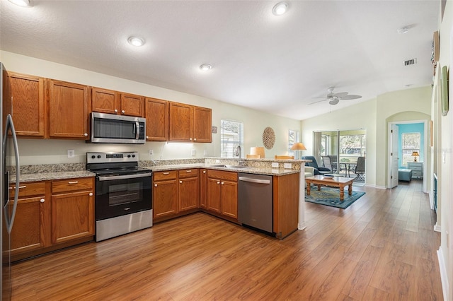 kitchen featuring appliances with stainless steel finishes, kitchen peninsula, sink, and plenty of natural light