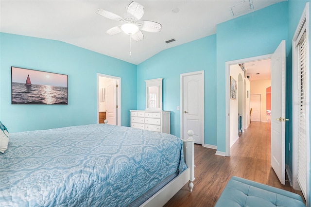 bedroom featuring ceiling fan, vaulted ceiling, and hardwood / wood-style floors