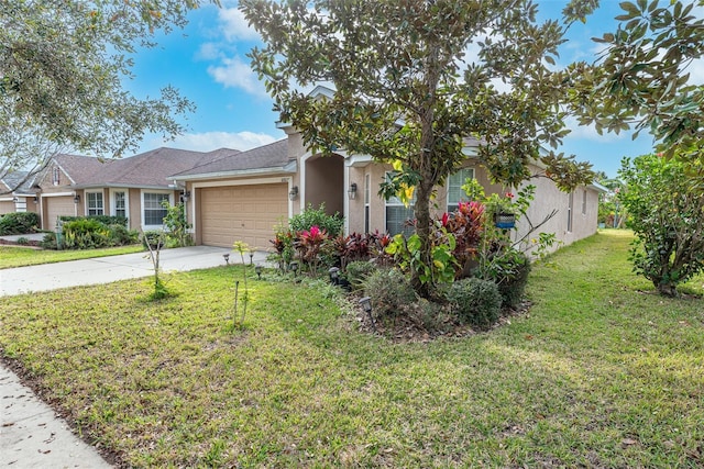 ranch-style home with driveway, a garage, a front lawn, and stucco siding