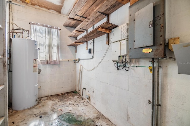 utility room with electric panel and water heater