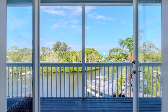 interior space featuring a water view